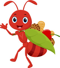 Cartoon happy ant carrying food with a leaf basket