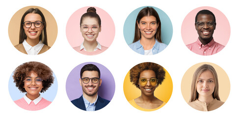 Collage of portraits and faces of group of young diverse people for avatar or userpic