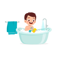 Naklejka premium little kid take a bath in the bathtub