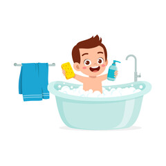 Naklejka premium little kid take a bath in the bathtub