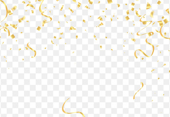 Falling shiny golden confetti isolated on transparent background.VIP flying sparkle elements, gold foil texture serpentine streamers confetti falling new year vector.