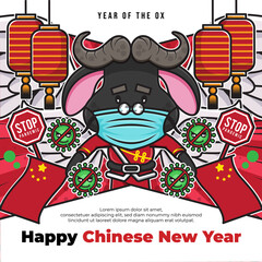 Happy chinese new year social media poster with cute cartoon character of ox holding stop pandemic covid-19 sign