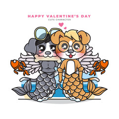 Cute cartoon character of couples cupid mermaid dog