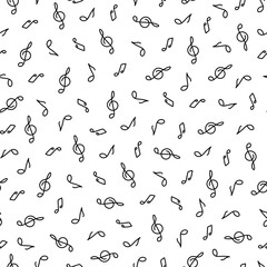 Musical notes seamless vector pattern. Music sign, hand drawn elements isolated on white background. Symbol of sound, melody. Black and white doodle, line art. Backdrop for wallpaper, poster, web