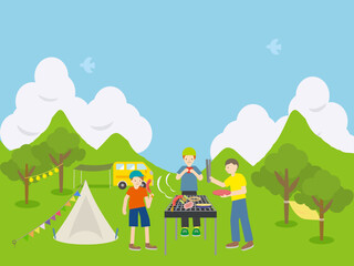 アウトドアでバーベキューを楽しむ家族