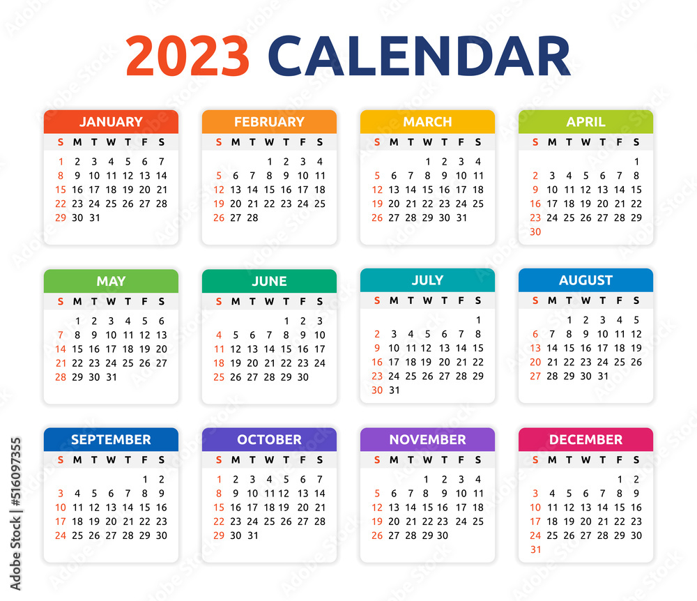 Poster 2023 calendar vector design schedule template, colorful, simple and clean design isolated on white b