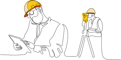 Close up of young Caucasian worker with helmet on head using tablet for work while standing in warehouse. Surveyor with a tripod icon. Geodesic tripod. Vector illustration