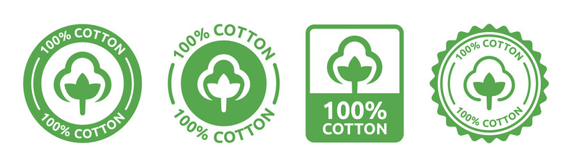 100% cotton label for clothing packaging. Natural textile logo certificate vector icon set illustration. - obrazy, fototapety, plakaty