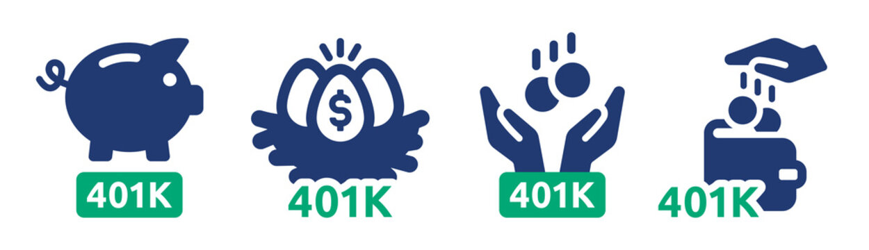 401k retirement savings and investing plan vector icon set.