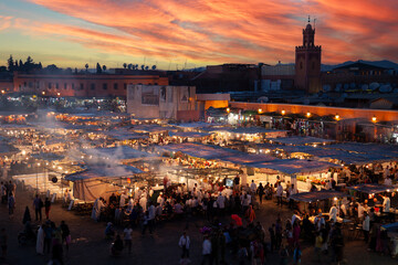 Marrakesh market at sunset.  In the Jemaa el-Fna square.
