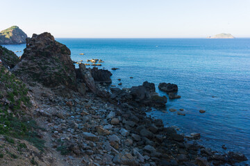 Wonderful view of Eo Gio beach- A tourist attraction in Quy Nhon- Vietnam with blue water and high rock cliffs