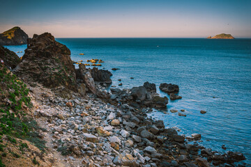 Wonderful view of Eo Gio beach- A tourist attraction in Quy Nhon- Vietnam with blue water and high rock cliffs