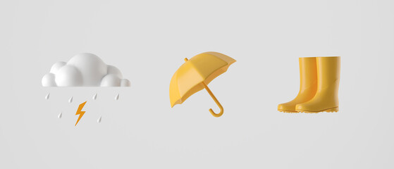 3d cartoon icon rubber boots and yellow umbrella on white background. Concept rain season for banner, cover, poster, brochure. 3d rendering illustration