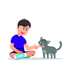 a happy child petting his cat