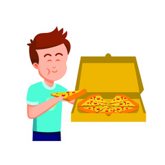 A boy holding a pizza box and eating a slice of pizza