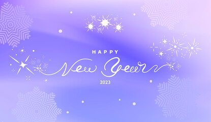 Fototapeta na wymiar Happy new year 2023 vector banner. New year holiday cover with lettering. Abstract purple light background. Gradient abstract background in purple with sparkles and snowflakes. Winter blur background