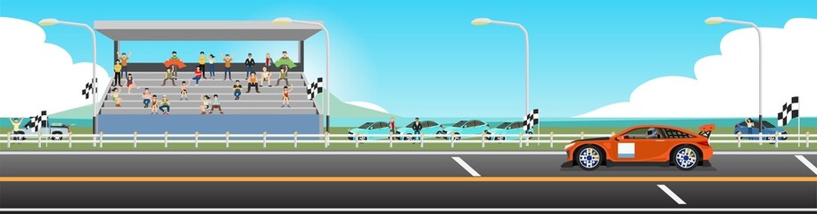 Fototapeta na wymiar Super car on race track of for banner. Background of stadiums and cheerleaders. With background of sea under blue sky and white clouds. Copy Space Flat Vector Illustration.