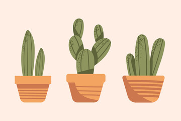 Set of Abstract cactus plant with pot hand drawn. Vector illustration