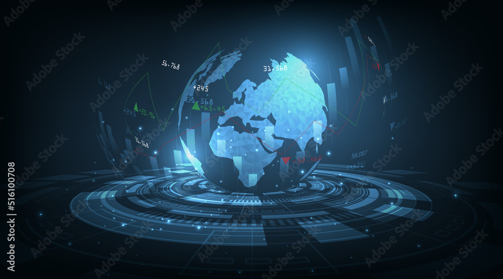 Leinwandbilder stock market and trading graph concept.world map with graph in futuristic on dark blue background.
