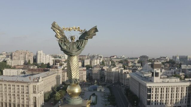 The main stele on Independence Square. Symbol of freedom of Ukraine. City center. Kyiv. Aerial