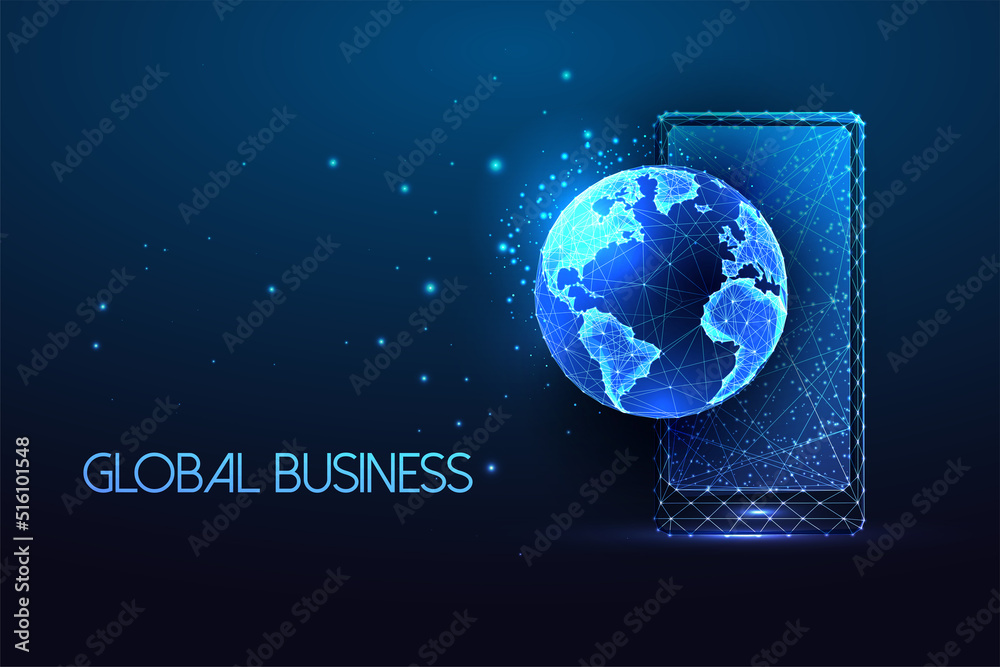 Wall mural concept of global business networking with smartphone and planet earth globe in futuristic glowing s