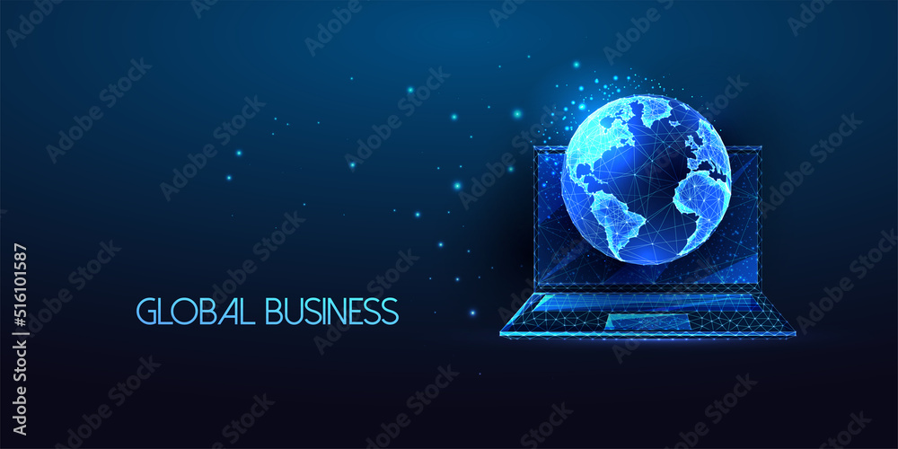 Wall mural concept of global business networking with laptop and planet earth globe in futuristic glowing style