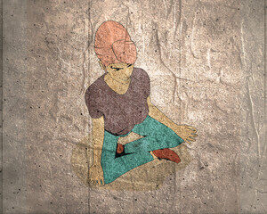 Young girl sitting in yoga lotus pose. Happy relaxed female character performing meditation exercise. Sport fashion girl outline in urban casual style.
