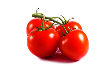 vine of ripe tomatoes isolated on white background