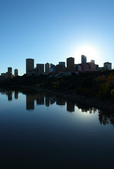 Evening silhouette of downtown Edmonton, Alberta, Canada, during summer.
