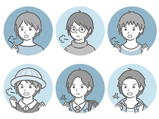 怒る少年の斜め向き丸アイコンセット