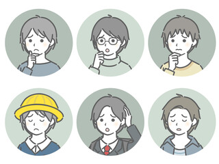 困る少年の斜め向き丸アイコンセット