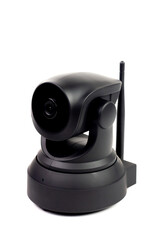 Black IP Camera isolated on white background. CCTV security camera for home or office.