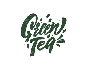 Green tea phrase. Hand drawn green color text. Modern brush calligraphy.
