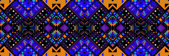 Ethnic carpet with geometric mosaic aztec style stripes on tile. majolica Antique interior,modern rugs,geographic print on kente clot textile.Tribal vector ornament seamless african pattern.multicolor