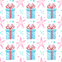 Seamless pattern with gift boxes, stars and confetti. Party background, hand drawn in watercolor for baby shower, birthday, christmas, new year, valentine's day.