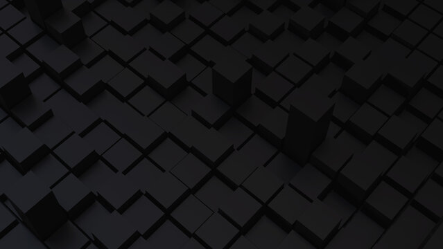 3d dark black background with unbalanced squares in perspective