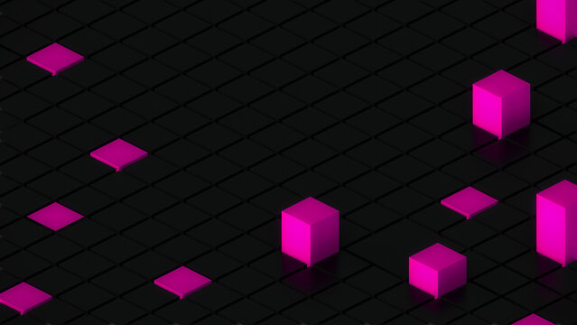 3d dark black box and
pink background with balanced squares in orthographic perspective