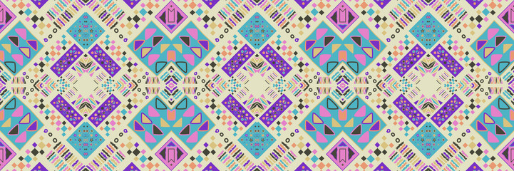 Ethnic carpet with geometric mosaic aztec style stripes on tile. majolica Antique interior,modern rugs,geographic print on kente clot textile.Tribal vector ornament seamless african pattern.multicolor