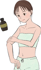 マッサージオイルを塗るまとめ髪の女性のイラスト