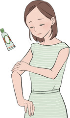 かゆみ止めを塗るボブヘアの女性のイラスト
