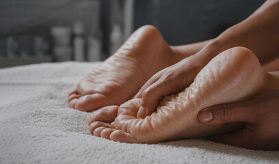 Woman Foot spa massage treatment by professional massage therapist in spa resort. Wellness, stress...