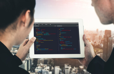 Software development programming on computer screen for modish application and program coding