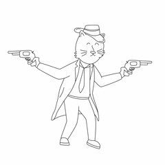 Coloring page vector illustration of cute mafia cat, cat in mafia outfit