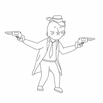 Coloring page vector illustration of cute mafia cat, cat in mafia outfit