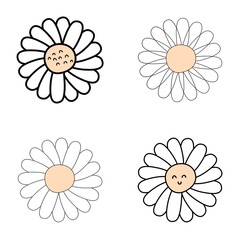 Hand drawn daisies flowers collection in doodle style. Floral aesthetic set for T-shirt, logo, stickers and print. Isolated vector illustration for decor and design.