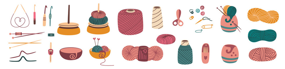Cartoon Handicraft Accessories, All for Needlework and Crochet. Craft and handmade Needlework Design Elements. Hobby Tools Collection and Wool Yarn Set. Vector Flat Illustration, Isolated on White.