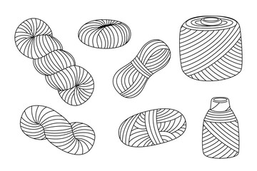 Set of Different Balls, Skeins and Spool of Yarn Thread For Knitting. Doodle Stile, Vector Flat Illustration, Isolated.