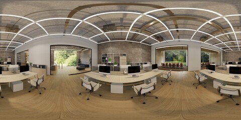 3d illustration spherical 360 vr degrees, a seamless panorama of the room and office. interior design 3D rendering.reception in a modern panoramic office