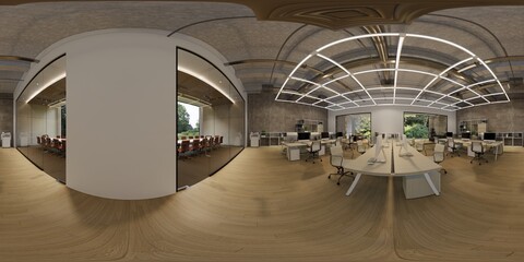 3d illustration spherical 360 vr degrees, a seamless panorama of the room and office. interior...