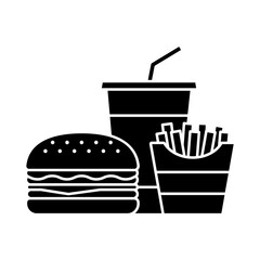 Hamburger, Soft drink cup and french fries, Fast food icon sign, Silhouette flat design on white background, Vector illustration